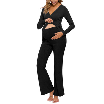 Layered V-Neck Nursing Pajama Set – Long-Sleeve Top & Pants