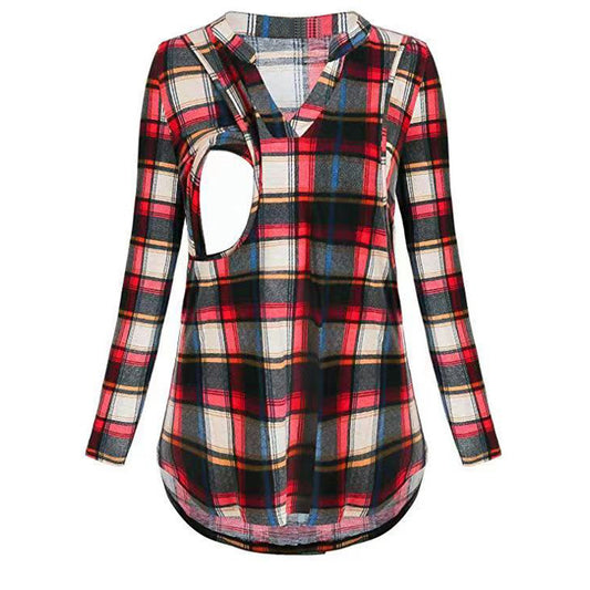 Plaid Nursing Top – Long-Sleeve V-Neck Maternity Tunic