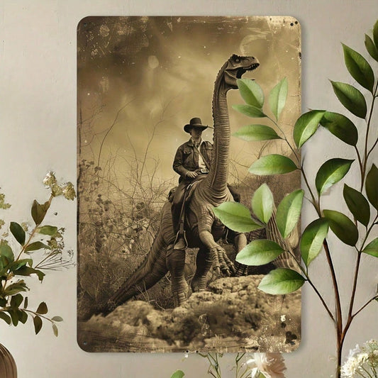 Cowboy Riding a Dinosaur Tin Sign – 8 × 12 in