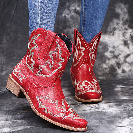 Pointed-Toe Stitched Cowgirl Ankle Boots – Blue, Red, Brown