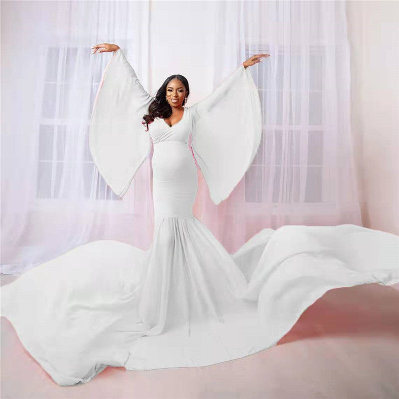 Cape-Sleeve Chiffon Maternity Gown – Long Train Photoshoot Dress – view 3