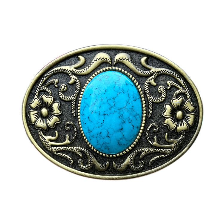 Blue-Green Stone-Look Western Belt Buckle – Floral Oval – view 2