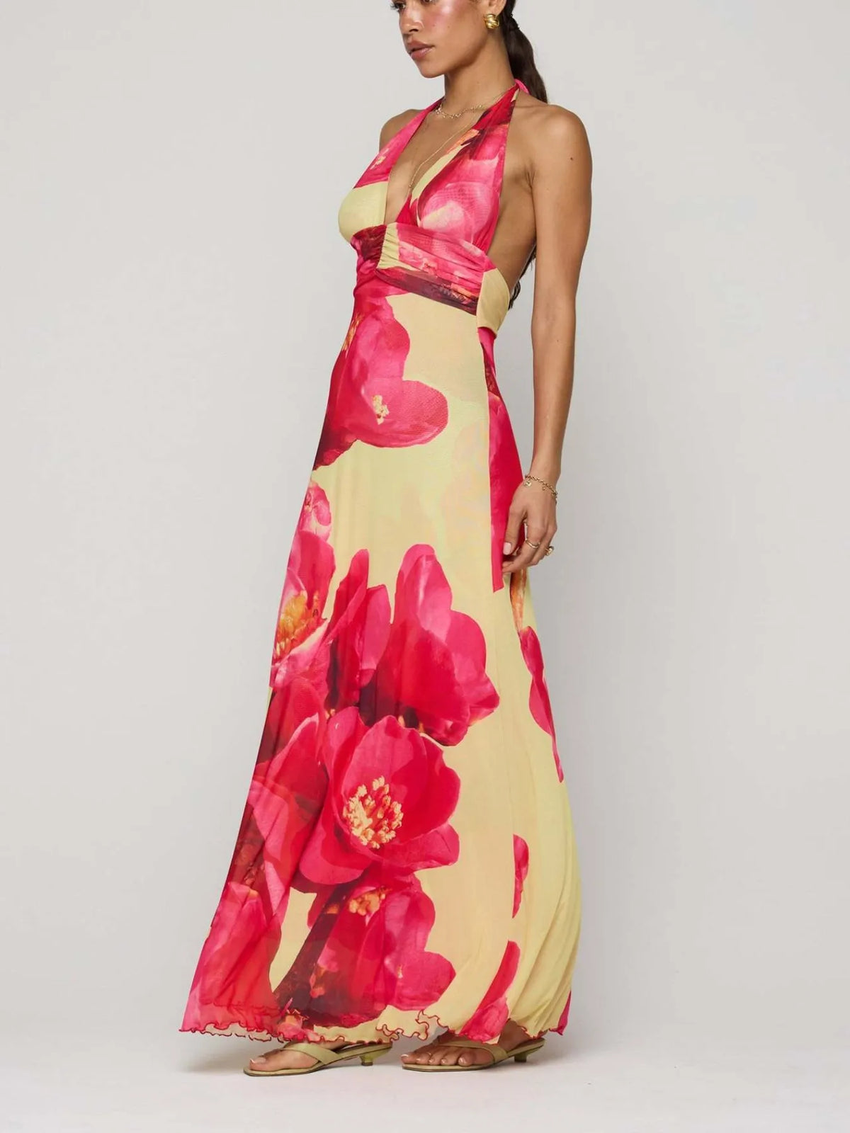 Floral halter deep-V maxi dress — view 14 | Organic Truth