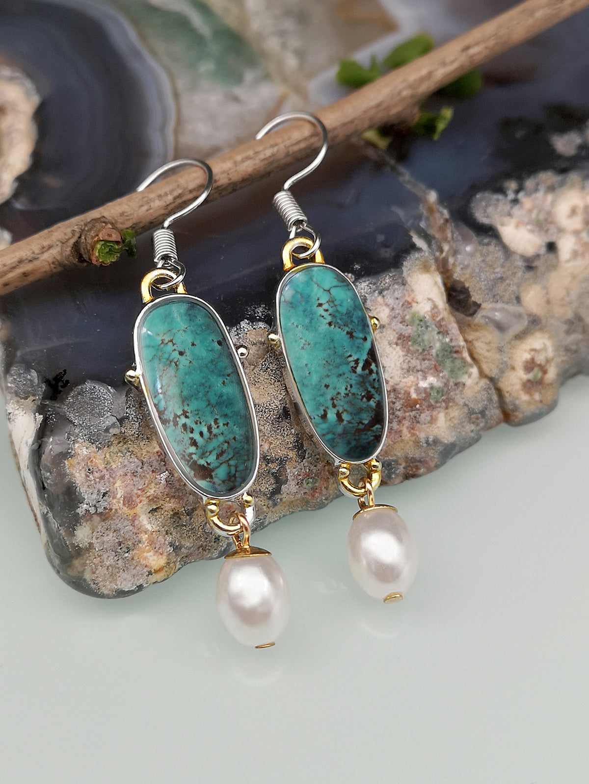 Blue-Green Glow drop earrings: Drop Earrings – Blue-Green Glow & Soft Pearl Sheen