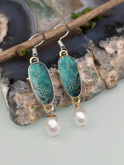 Blue-Green Glow drop earrings: Drop Earrings – Blue-Green Glow & Soft Pearl Sheen