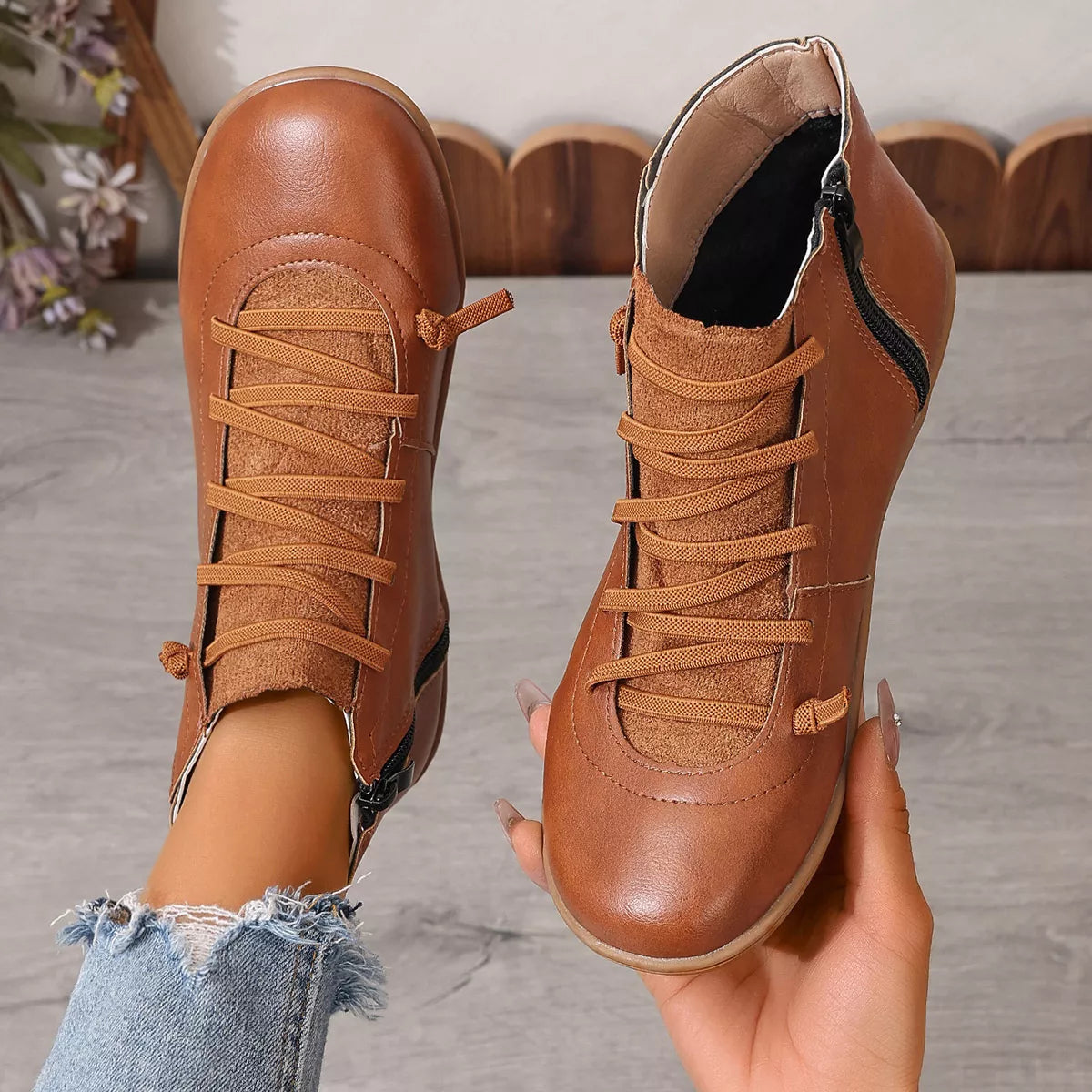 Faux Leather Ankle Boots – Lace-Up — view 12