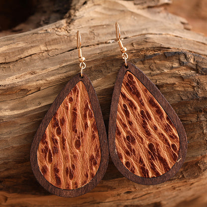 Tooled-Look Teardrop Earrings – Leather & Wood, 4 Styles
