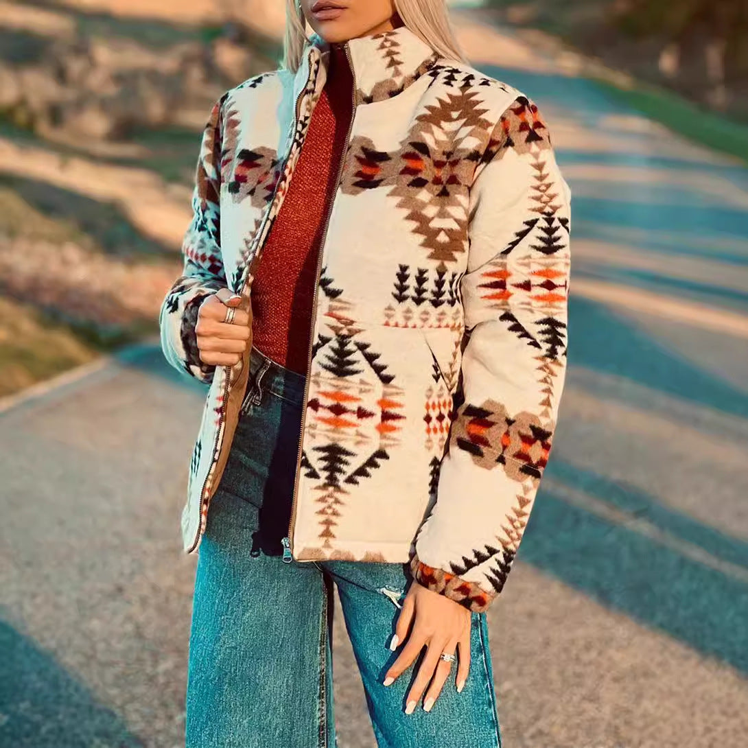 Geometric Western Jacket – Women's Stand Collar, Apricot – view 4