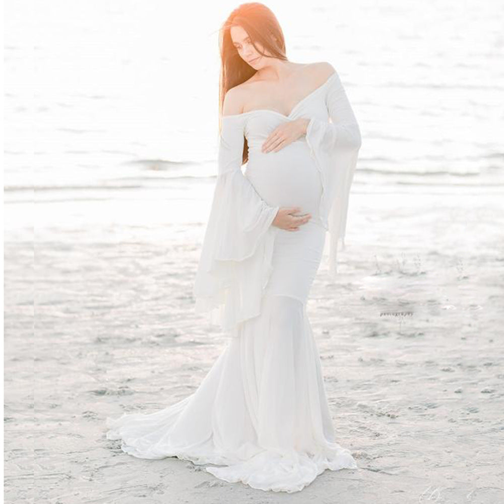 Bell-Sleeve Mermaid Maternity Gown – Ruffle Trailing Photoshoot Dress