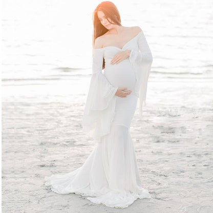 Bell-Sleeve Mermaid Maternity Gown – Ruffle Trailing Photoshoot Dress