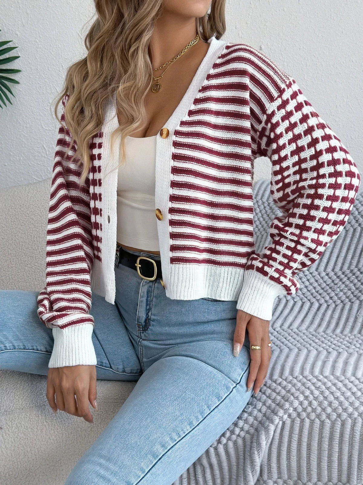 Cropped Striped Cardigan – Button-Up — view 6
