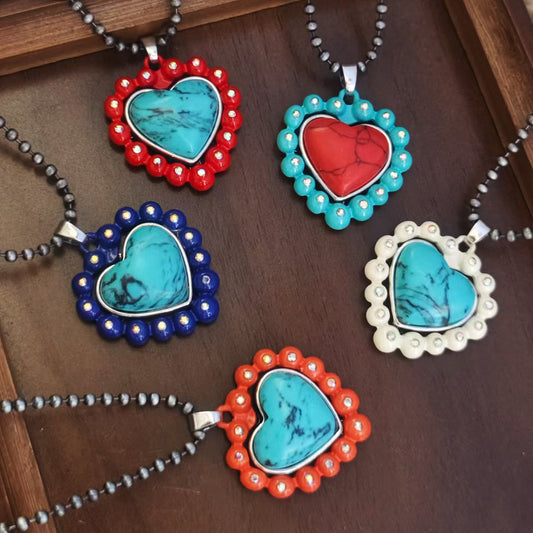 Heart Pendant Necklace – Blue-Green Stone-Look, Beaded Halo