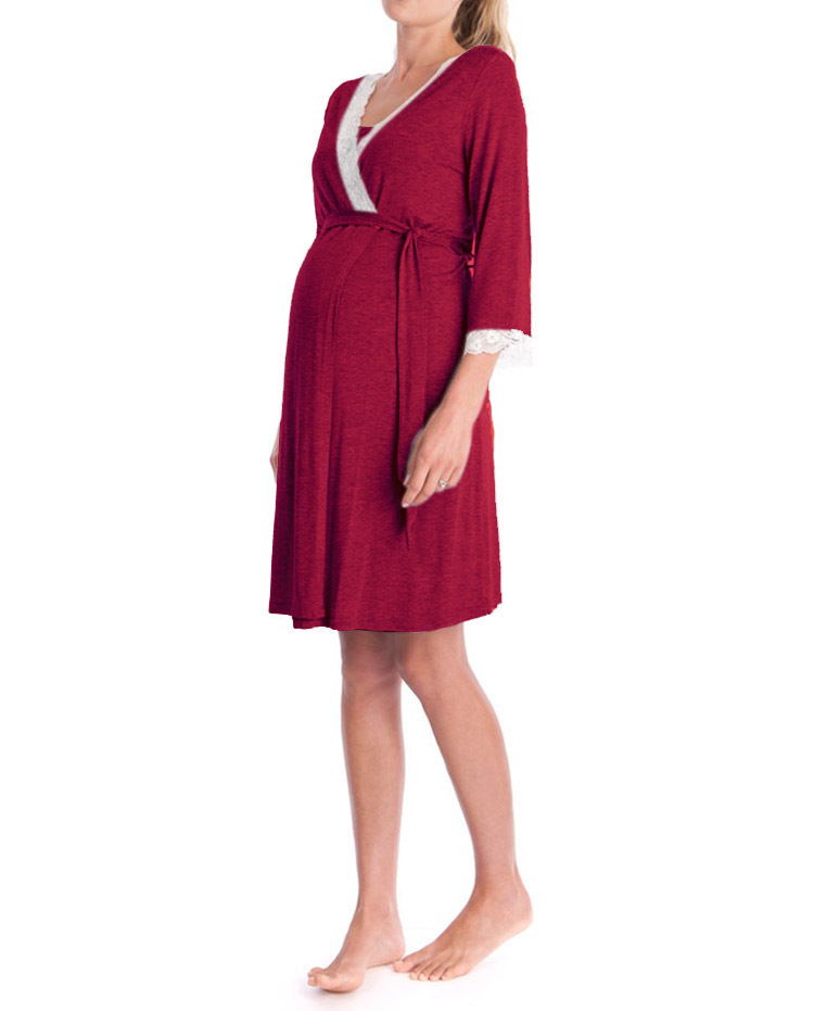 Wrap-Front Maternity Lounge Dress – Lace-Trim 3/4 Sleeve – view 3