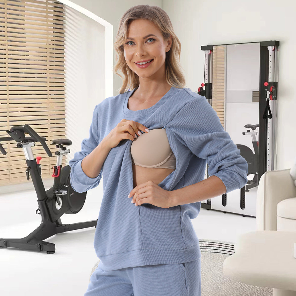 Nursing Sweatshirt – Zip Access, Waffle Knit Pullover – Sapphire Blue
