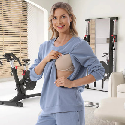 Nursing Sweatshirt – Zip Access, Waffle Knit Pullover – Sapphire Blue