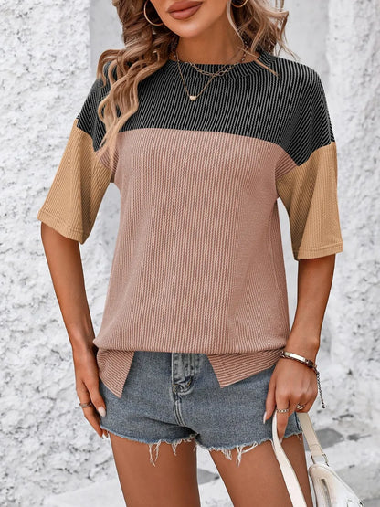Color-block round-neck half-sleeve tee — view 18 | Organic Truth