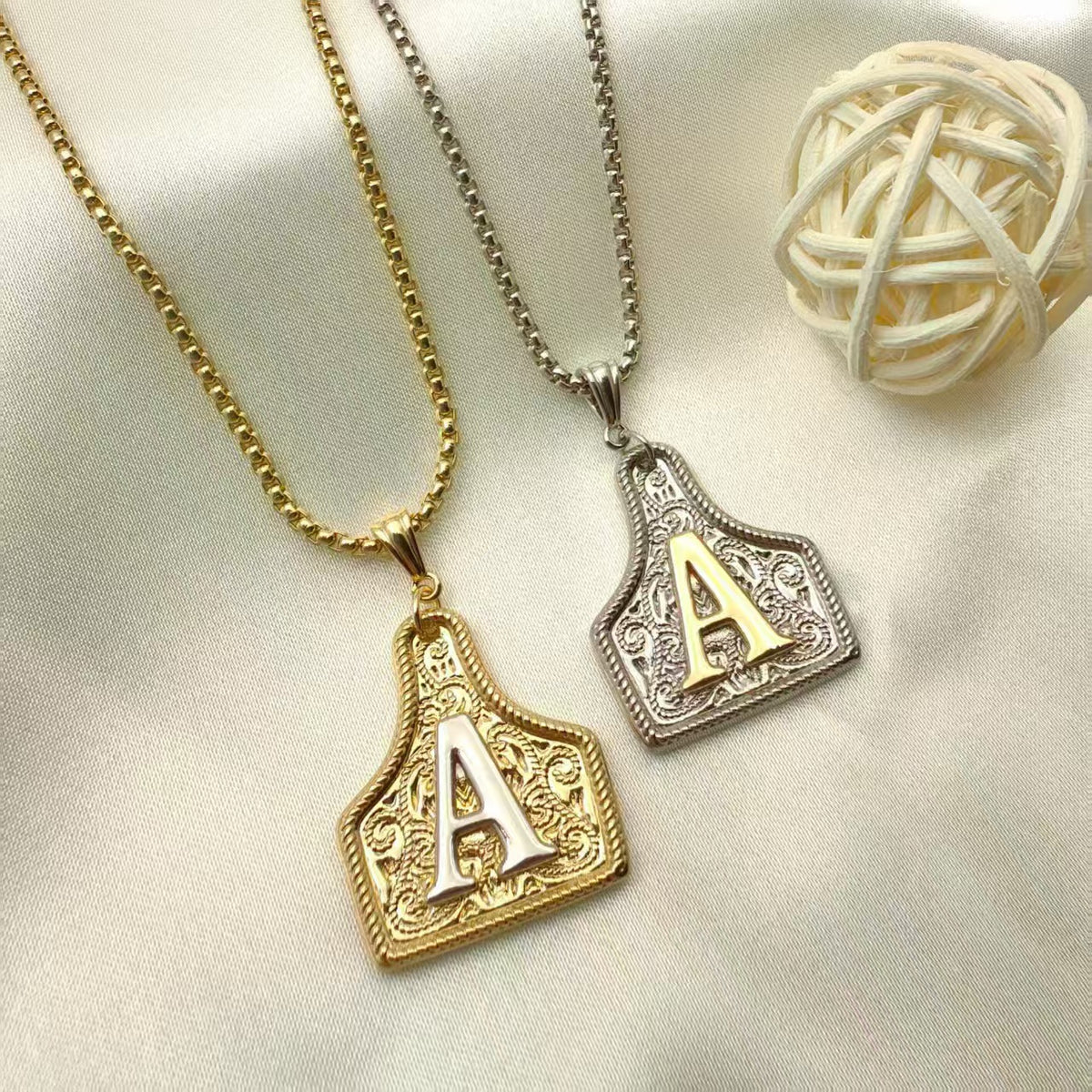 Cattle Tag Initial Necklace – Gold-Tone or Silver-Tone, A–Z
