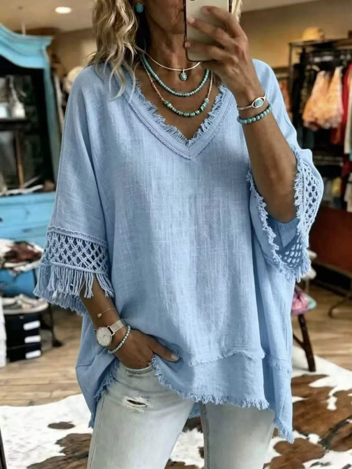 Fringe-Trim V-Neck Loose Blouse – Plus Size