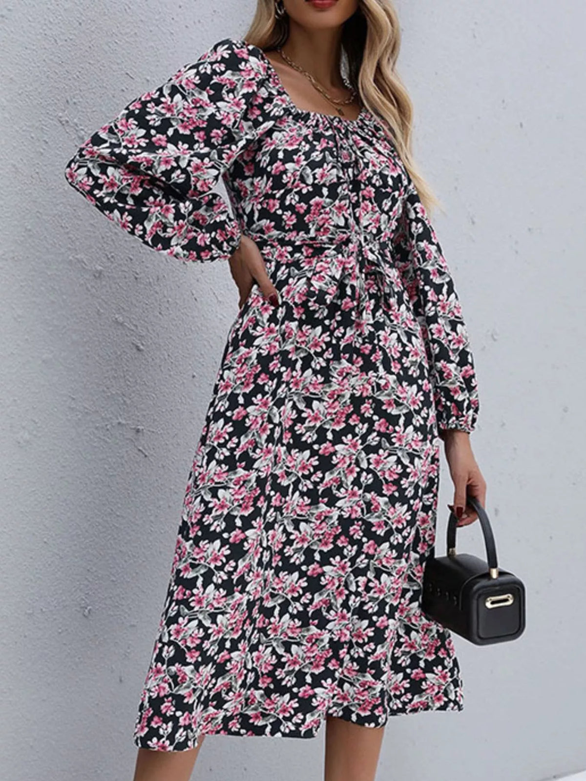 Square-Neck Puff-Sleeve Floral Midi – Black — view 5