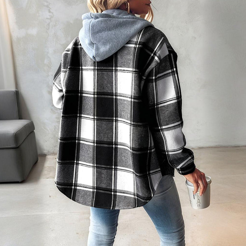 Plaid Shacket – Women's Hooded Shirt Jacket, Green or Black – view 13