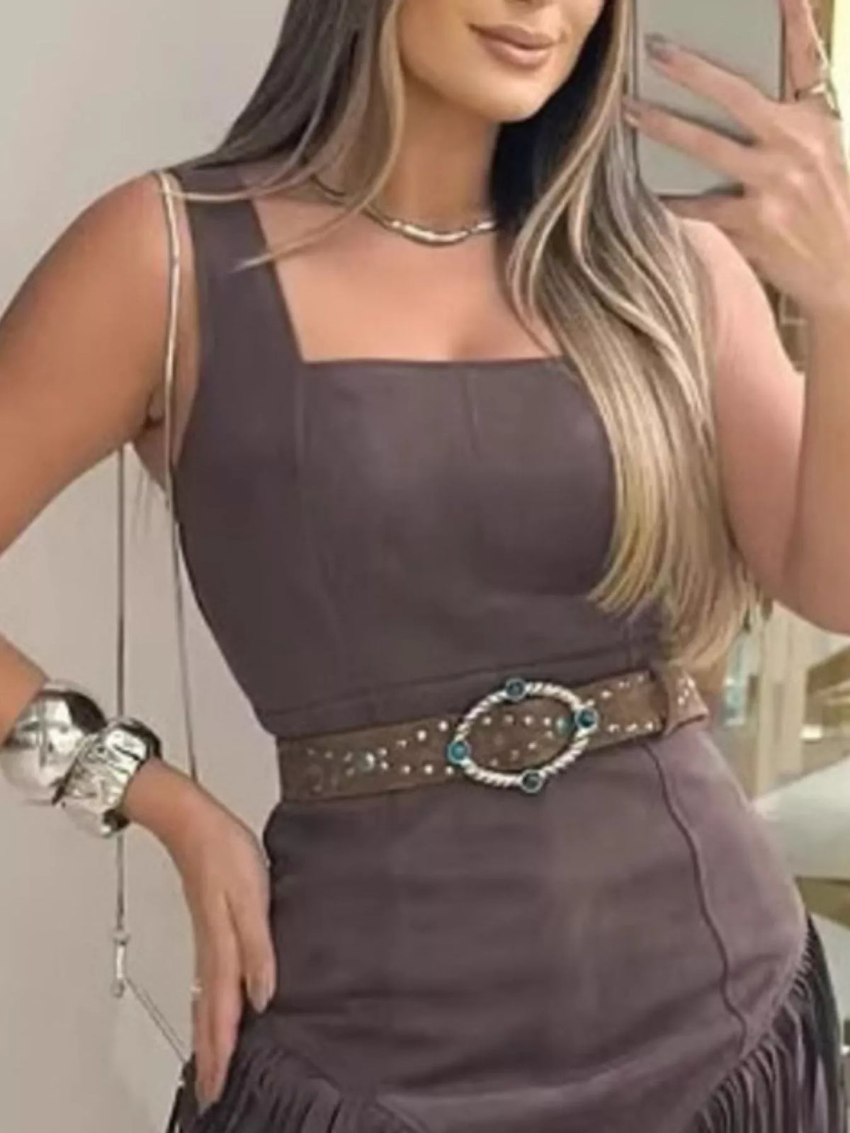 Sleeveless Fringed Mini Dress — view 6