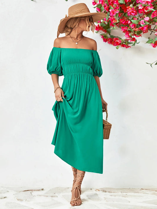 Off-shoulder puff-sleeve smocked maxi dress — view 2 | Organic Truth