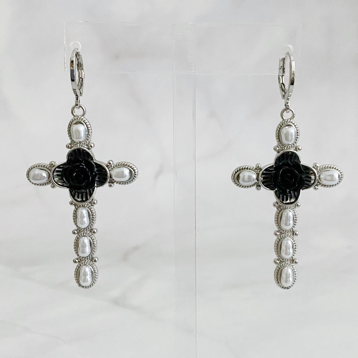 Black Rose Cross Drop Earrings-2