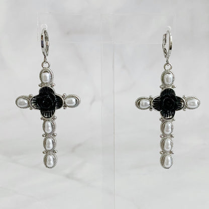 Black Rose Cross Drop Earrings-2