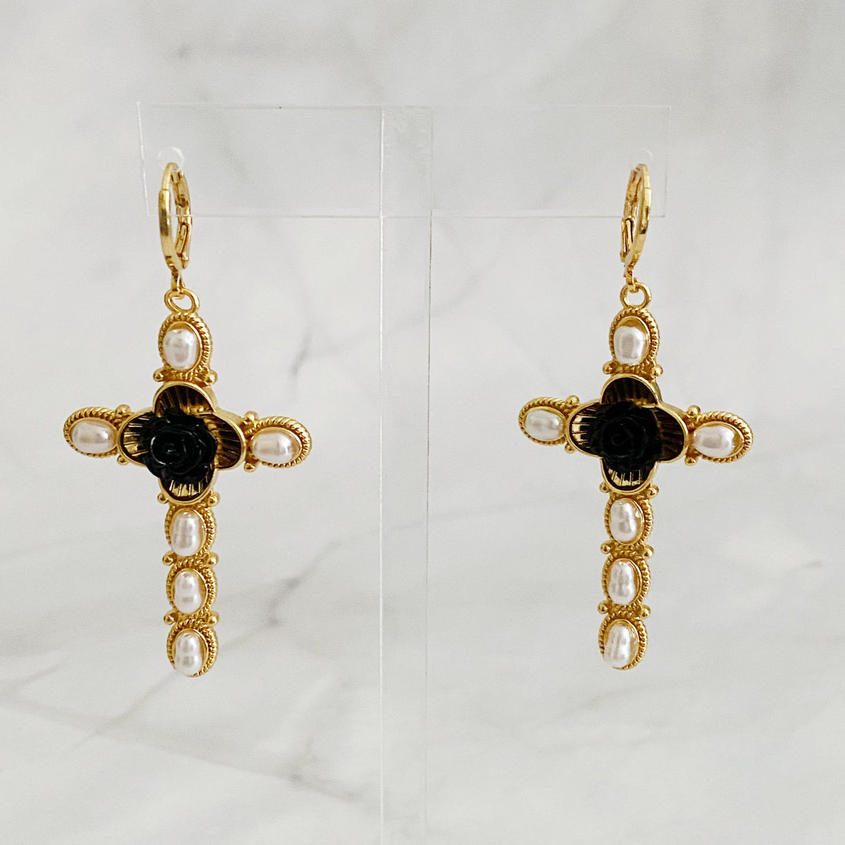 Black Rose Cross Drop Earrings-3