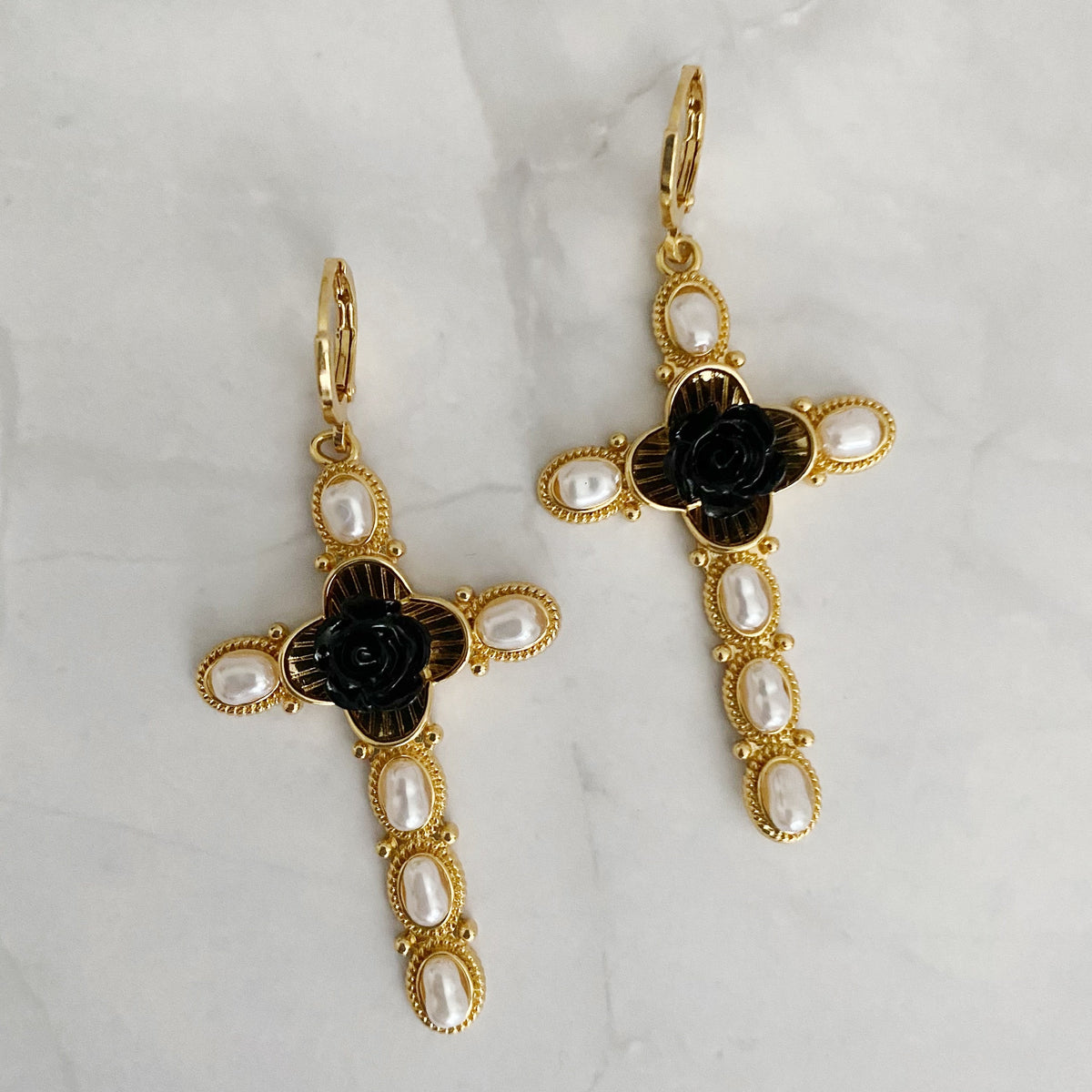 Black Rose Cross Drop Earrings-4