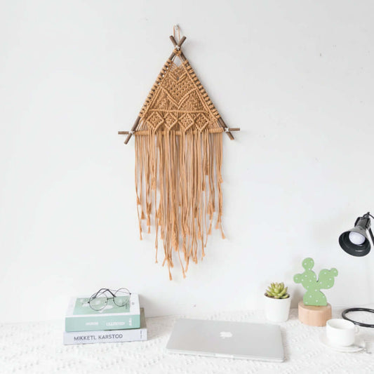 Nordic Macrame Wall Hanging – Boho Cotton Rope Tapestry with Wooden Branch-0