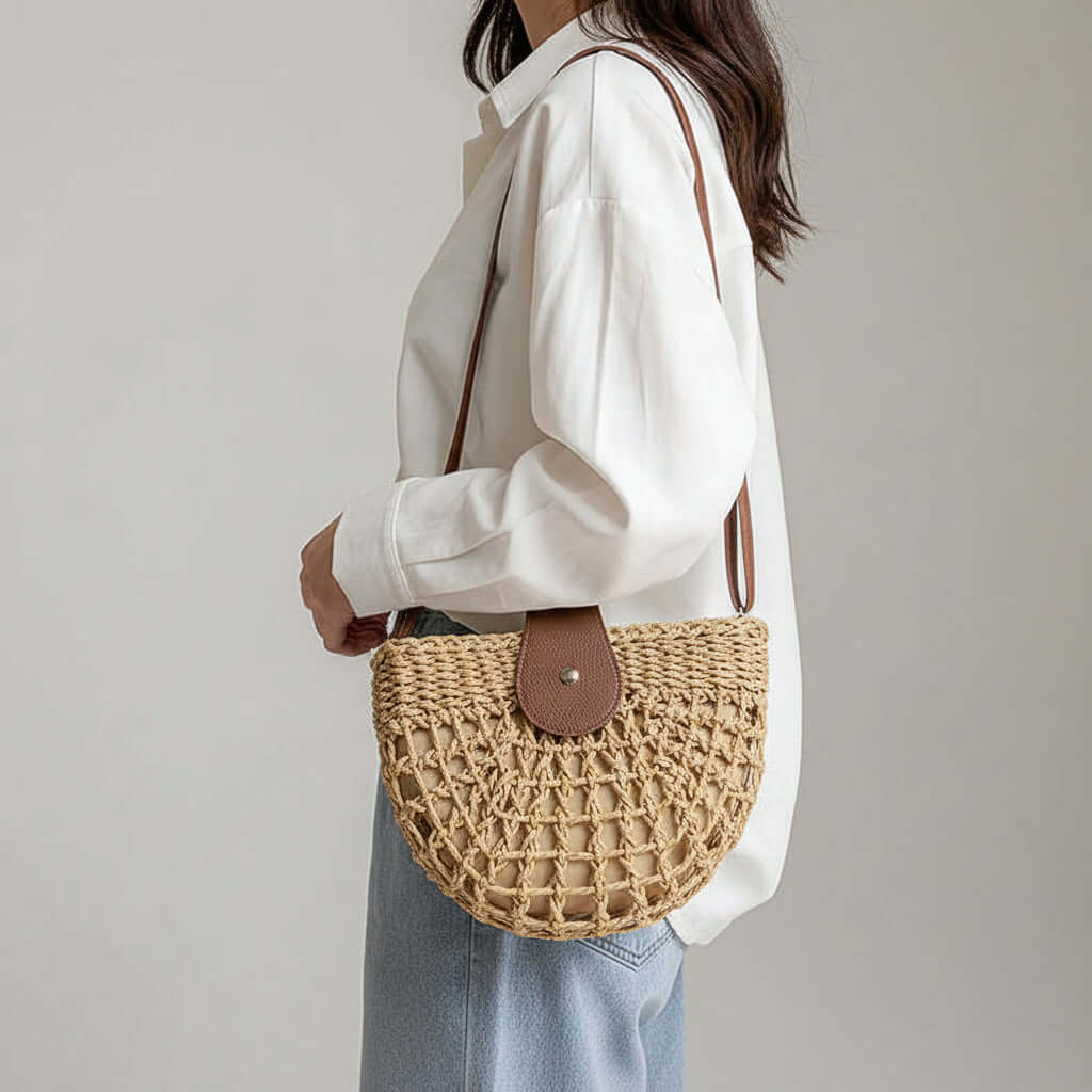 Semicircle Straw Crossbody Bag Hollow Out Cutout Woven Shoulder Bag-0