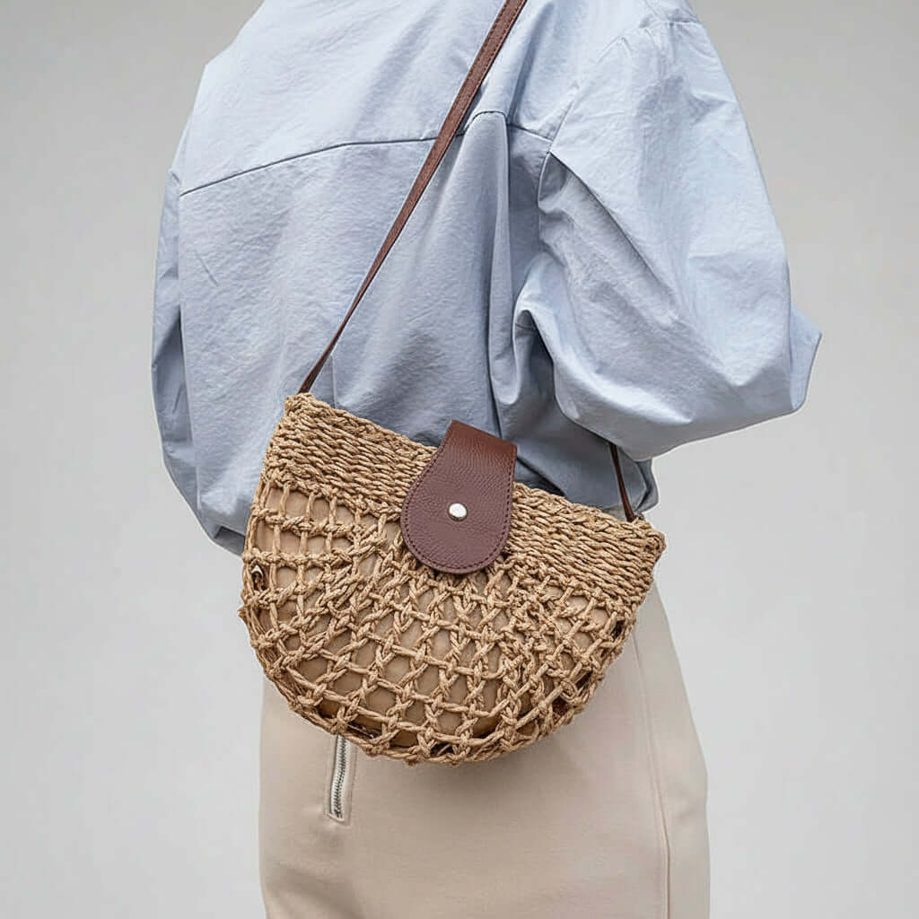 Semicircle Straw Crossbody Bag Hollow Out Cutout Woven Shoulder Bag-1