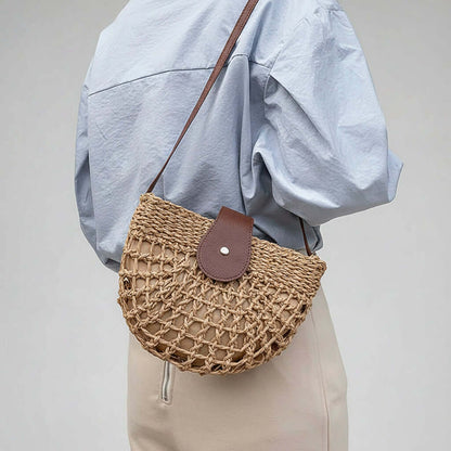 Semicircle Straw Crossbody Bag Hollow Out Cutout Woven Shoulder Bag-1