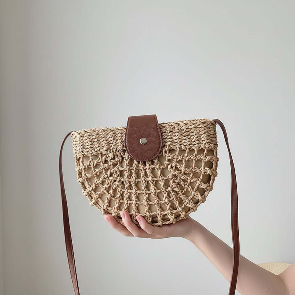 Semicircle Straw Crossbody Bag Hollow Out Cutout Woven Shoulder Bag-4