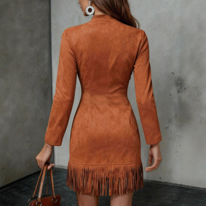Western Fringe Mini Dress – Women's Faux Suede Zip Front – view 6