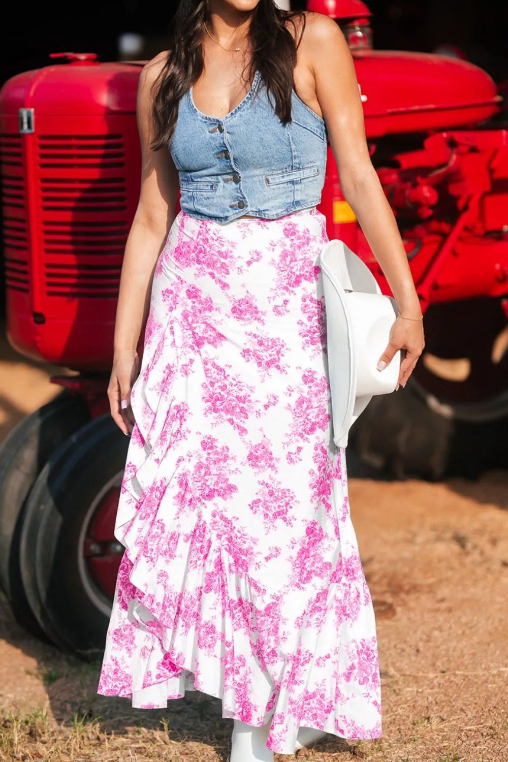 Floral Ruffle Maxi Skirt – High Waist Split — view 3