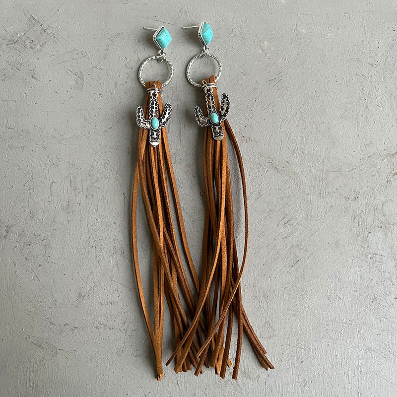 Cactus Tassel Earrings – Long Faux Suede Fringe – view 5