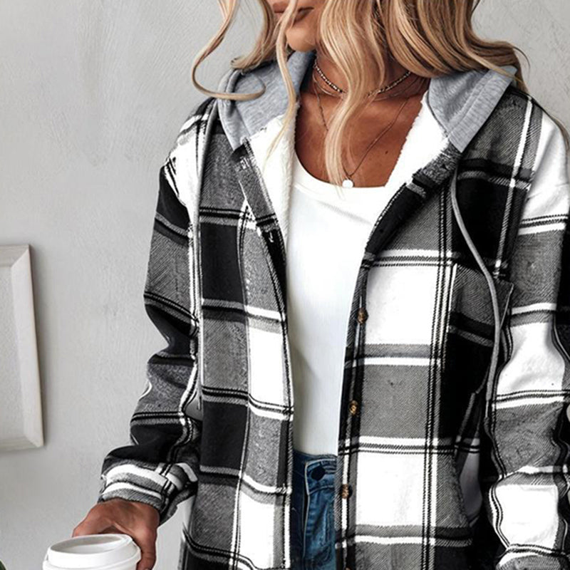 Plaid Shacket – Women's Hooded Shirt Jacket, Green or Black – view 10