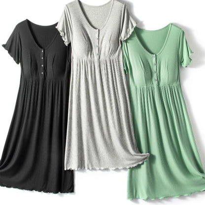 Ribbed Button-Front Nursing Dress – Built-In Cups, Lettuce Hem