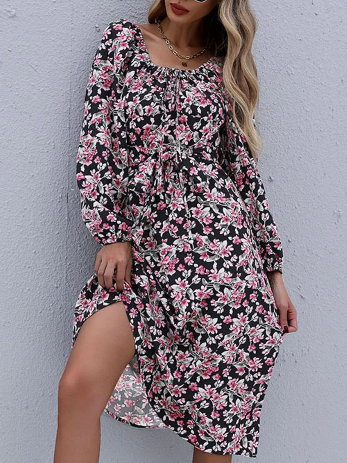 Square-Neck Puff-Sleeve Floral Midi – Black — view 3