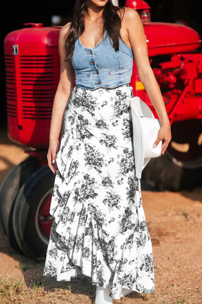Floral Ruffle Maxi Skirt – High Waist Split — view 9