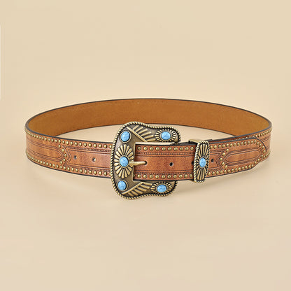 Concho Stud Western Belt – Blue-Green Stone-Look Buckle – view 7