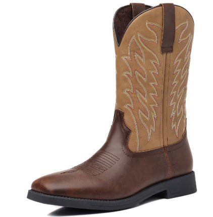 Men's Square Toe Western Boots – Embroidered, Wheat & Brown