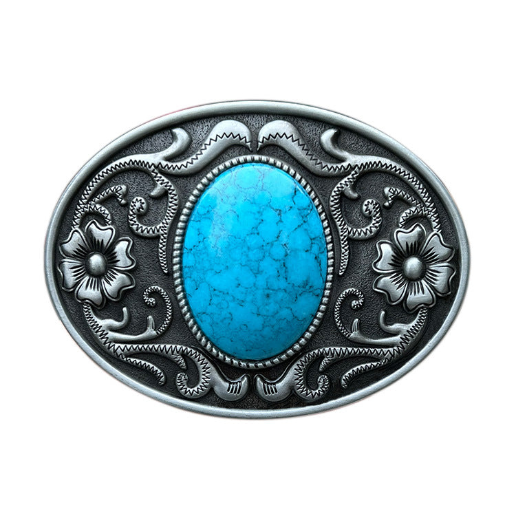 Blue-Green Stone-Look Western Belt Buckle – Floral Oval