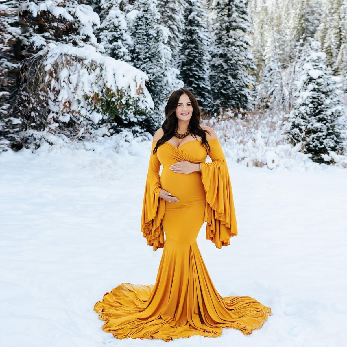 Bell-Sleeve Mermaid Maternity Gown – Ruffle Trailing Photoshoot Dress – view 4