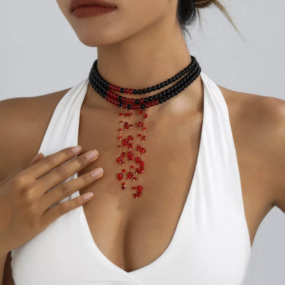 Halloween Beaded Choker — Layered Red Dangles