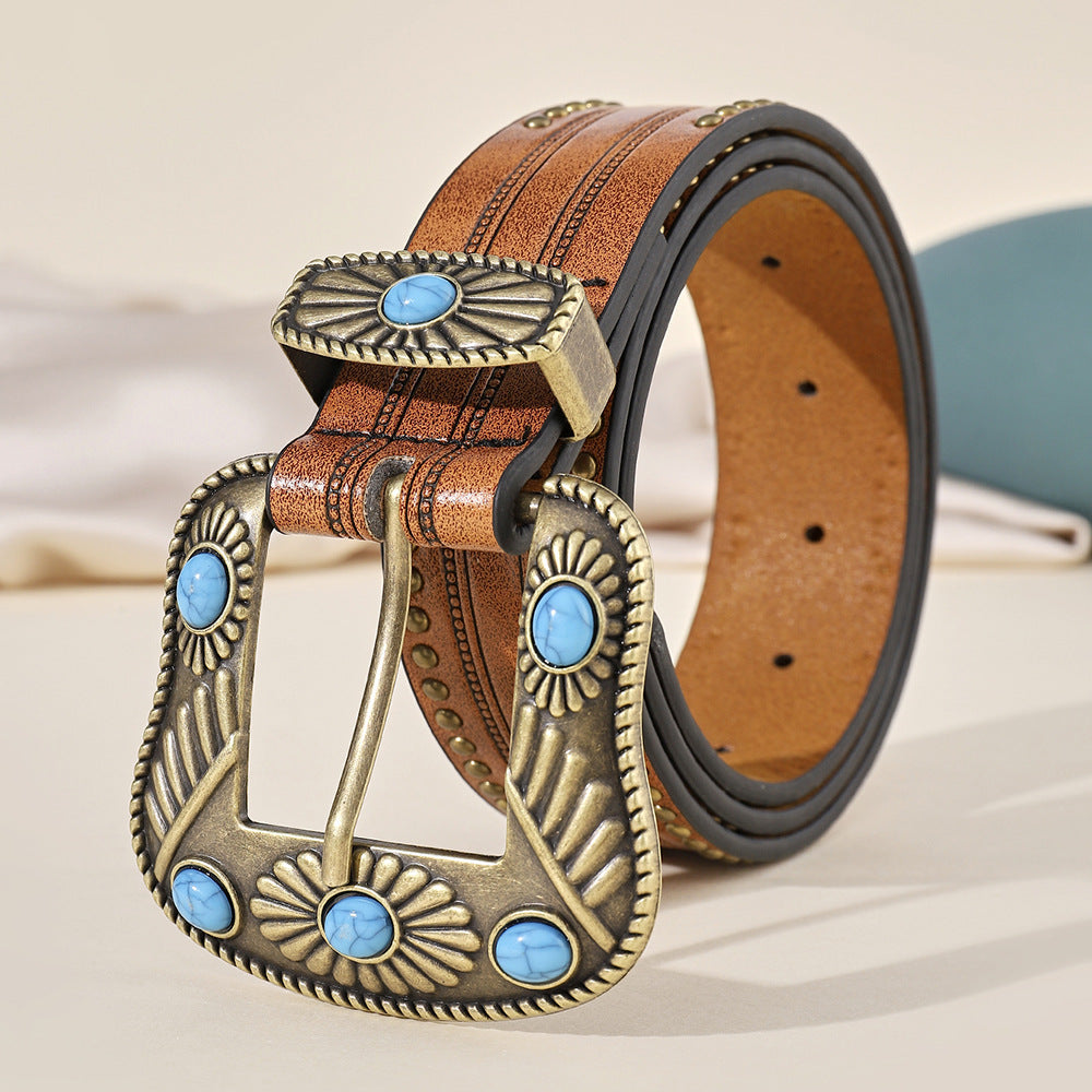 Concho Stud Western Belt – Blue-Green Stone-Look Buckle – view 5
