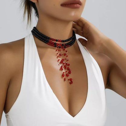 Halloween Beaded Choker — Layered Red Dangles