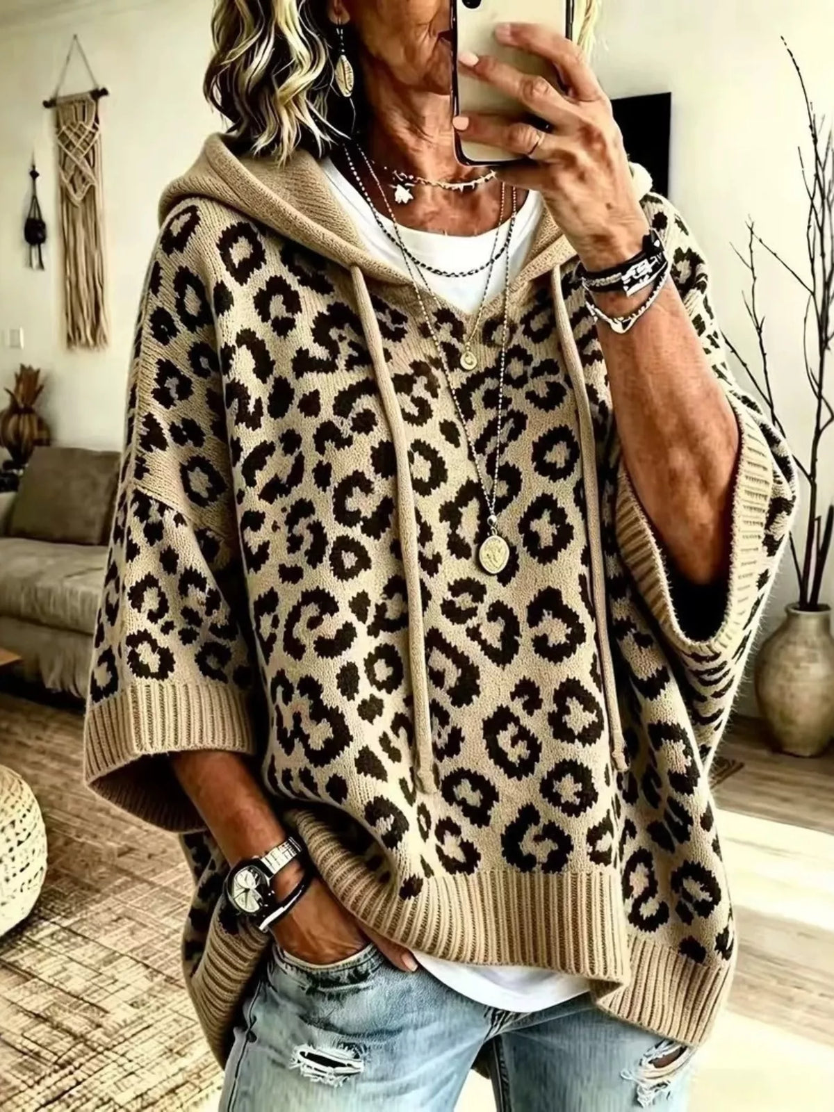 Leopard Hooded Sweater – Drawstring — view 2